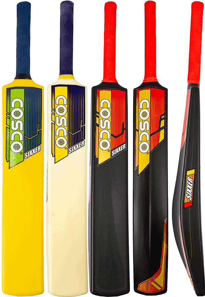 Cosco Sixxer plastic cricket bat in red, yellow and lime green