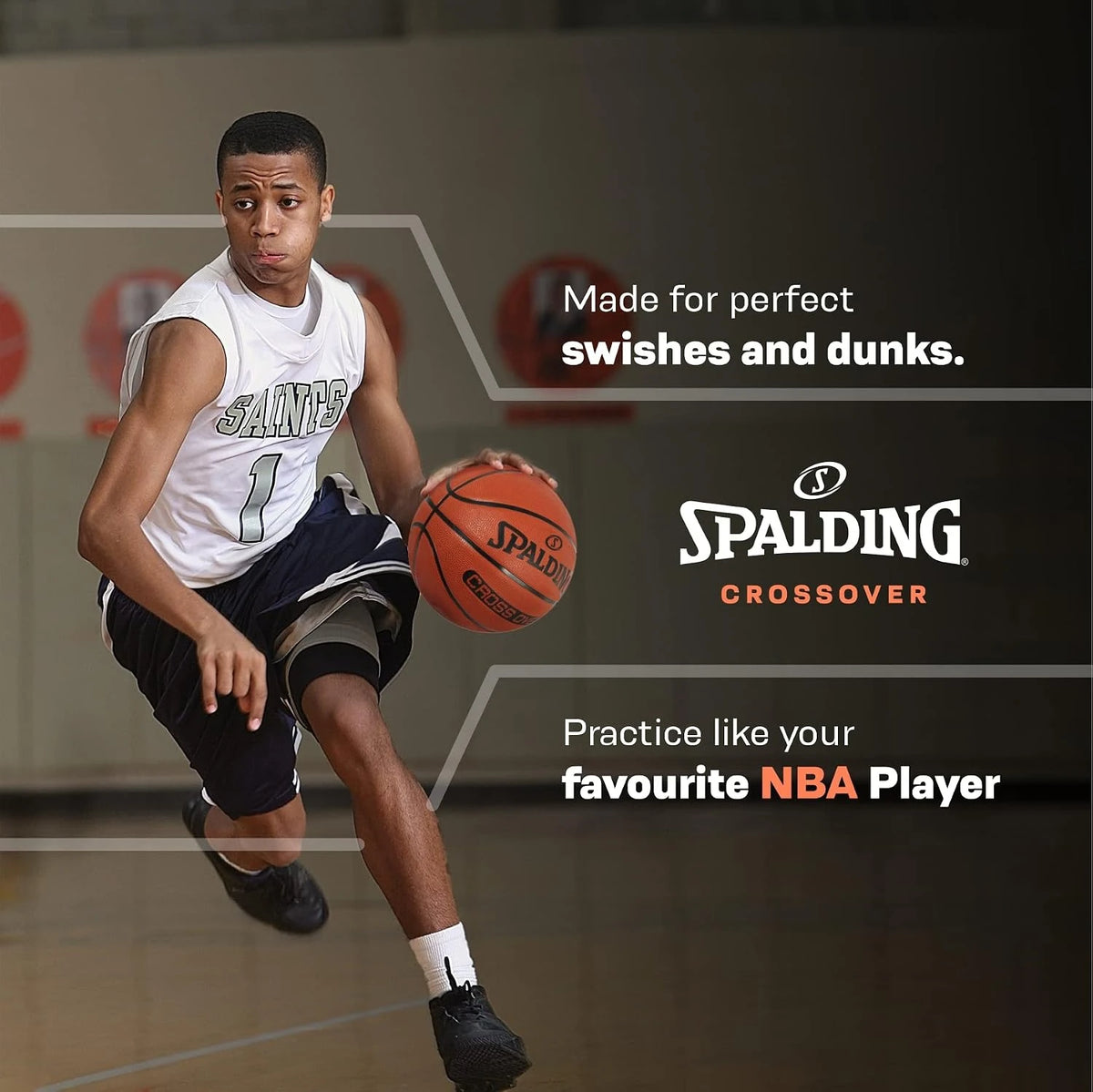Player dribbling a Spalding Crossover basketball